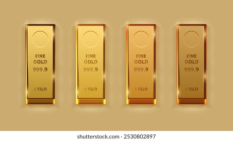 Top View of Fine Gold Ingots: 999.9 Pure Gold Bars with Shadow Effects and Various Weights. Vector.