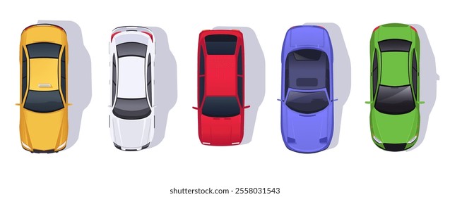 Top view of five colorful cars in a row on a white background. Vector illustration