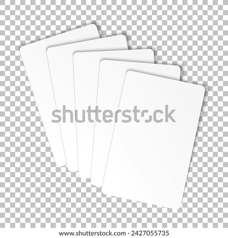 Top view of five realistic business cards mockup. Blank visit cards on transparent background. Design concept. Vector illustration