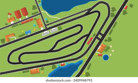 top view flat background of location racing track circuit with road and building nearby