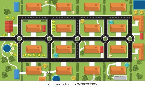 vista superior de fondo plano del pueblo vecindario con carretera y casa y árbol