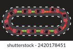 top view flat cartoon of car vehicle in curve and danger road