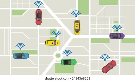 caricatura plana de la vista superior del coche en el mapa con señal y señal de conexión inalámbrica a internet