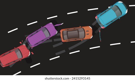 top view flat cartoon of car vehicle with crash braking emergency accident and road