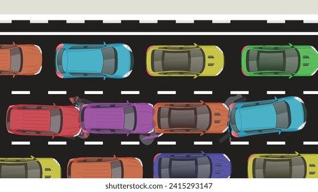 top view flat cartoon of car vehicle with crash braking emergency accident and road