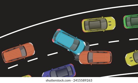 top view flat cartoon of car vehicle with crash braking emergency accident and road