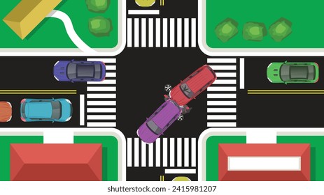 top view flat cartoon of car vehicle with crash braking emergency accident and 4 intersection road