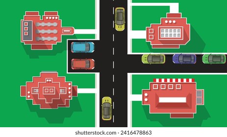 caricatura plana de vista superior del vehículo de auto con edificio alto y alto de la ciudad