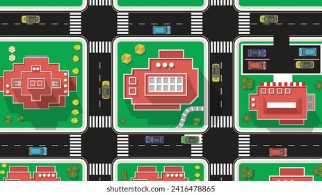 caricatura plana de vista superior del vehículo de auto con edificio alto y alto de la ciudad