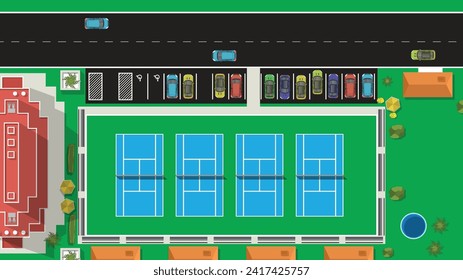 caricatura plana de vista superior de vehículo de auto con edificio alto y alto de la ciudad y deporte de cancha de tenis