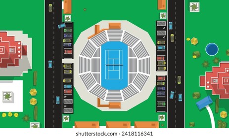 top view flat cartoon of car vehicle with city high and tall building and tennis court sport stadium