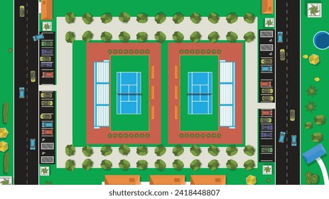 top view flat cartoon of car vehicle with city high and tall building and tennis court sport stadium