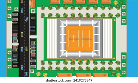 top view flat cartoon of car vehicle with city and tennis clay court sport stadium