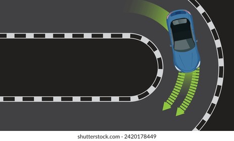 caricatura plana de vista superior del vehículo de automóvil en curva y carretera de peligro