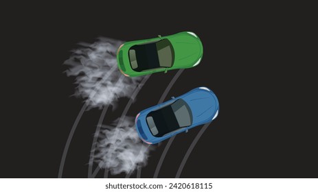 top view flat cartoon of car vehicle drift racing in curve road