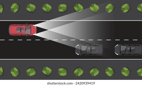 top view flat cartoon of car vehicle with light high and low beam autonomous sensors