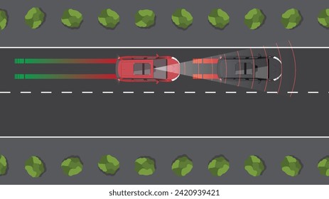 Flachkartoon in der Draufsicht mit autonomem Sensor-Bremssystem