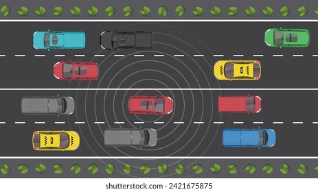 caricatura plana de la vista superior del vehículo de coche con sensor de seguridad autónomo