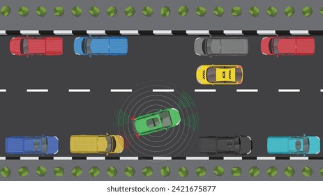 top view flat cartoon of car vehicle with autonomous sensor safety sensing