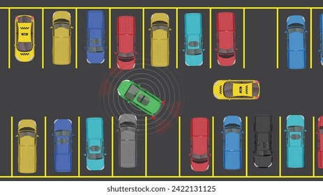 top view flat cartoon of car vehicle with autonomous sensor safety sensing in parking lot spot