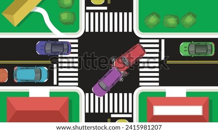 top view flat cartoon of car vehicle with crash braking emergency accident and 4 intersection road
