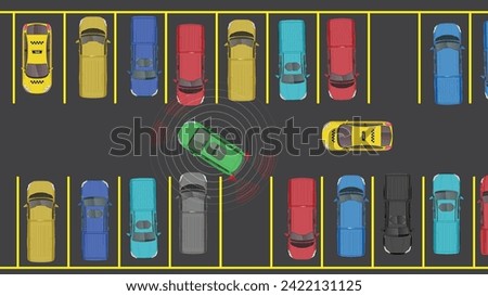 top view flat cartoon of car vehicle with autonomous sensor safety sensing in parking lot spot