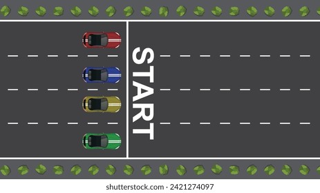 top view flat cartoon of race car vehicle with track racing start and finish line point