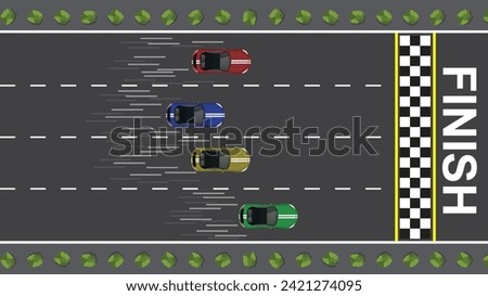 top view flat cartoon of race car vehicle with track racing start and finish line point