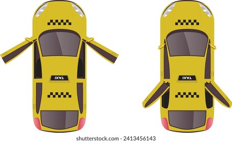 top view flat cartoon of yellow taxi transport car vehicle with door open