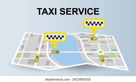 top view flat cartoon of yellow taxi service transport car on map