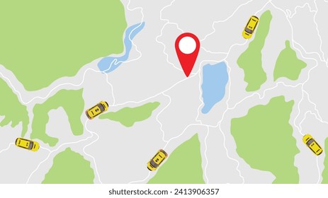 top view flat cartoon of yellow taxi service transport car on map