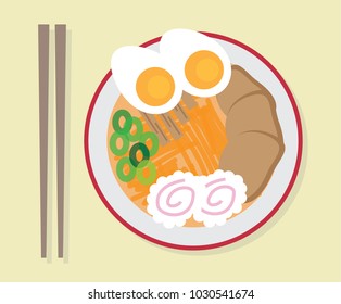 top view flat design of asian japanese delicious noodle ramen in bowl and chopstick in square background