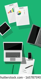 Top view flat design of equipment for working in the office in Meetings or seminars. Office equipment on orange table. Business illustration.