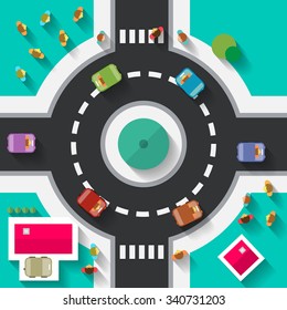 Top View Flat Design Roundabout Crossroad - Streets And Paths Vector