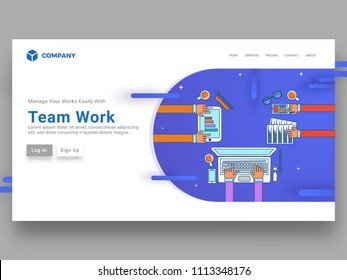 Top view of flat illustration of business people work desk or workspace landing page for team work concept.