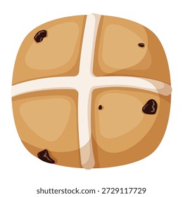Ilustración plana de vista superior de un tradicional bollo cruzado caliente de Pascua. Pan dulce condimentado con pasas y cruz de glaseado aislado en blanco para el Viernes Santo y la promoción de la panadería.
