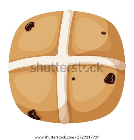 Top view flat illustration of a traditional Easter hot cross bun. Spiced sweet bread with raisins and icing cross isolated on white for Good Friday and bakery promotion.