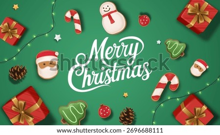 Top view flat lay Christmas composition with gifts, candy canes, cookies, and Merry Christmas text on green background illustration. Christmas Social Media Post Vector Illustration 
