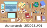 Top view flat lay vector illustration of artists workplace with laptop