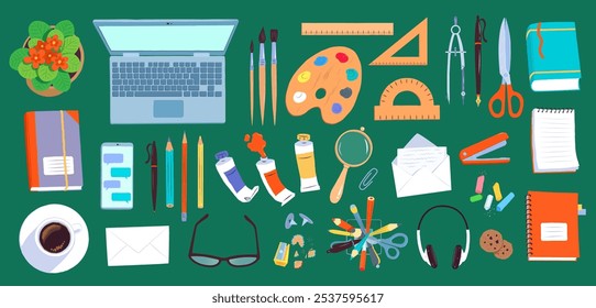 Top view flat lay vector illustration of education and office workplace with laptop on green background