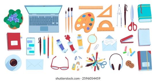 Top view flat lay vector illustration set of education and office workplace with laptop 