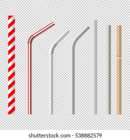 top view flat lay vector set of different drinking straws from retro classic disposable striped plastic to the modern reusable modern glass, steel and bamboo