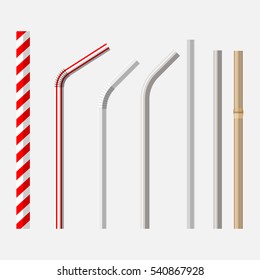 top view flat lay vector set of different drinking straws from retro classic disposable striped plastic to the modern reusable modern glass, steel and bamboo