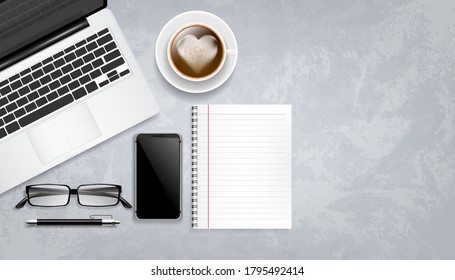 Top view or flat lay workplace or office desk. Laptop with notebook and smart phone on table.Vector illustration design.
