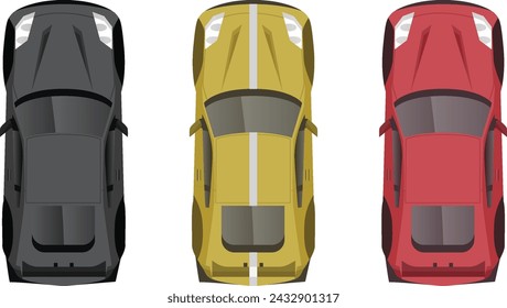 top view flat of sport car vehicle with many color