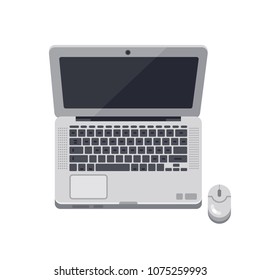 Top view flat style laptop and computer mouse. Open notebook computer ready for work. Vector flat illustration.