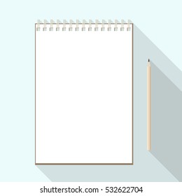 top view of flat vector design pencil and notebook with blank white sheet on background with long shadow effect