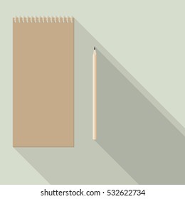 top view of flat vector design pencil and blank kraft paper notebook on background with long shadow effect