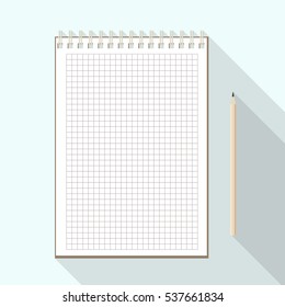 top view of flat vector design pencil near notebook with blank checkered white sheet on background with long shadow effect