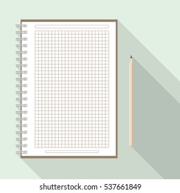 top view of flat vector design pencil near notebook with blank checkered white sheet on background with long shadow effect